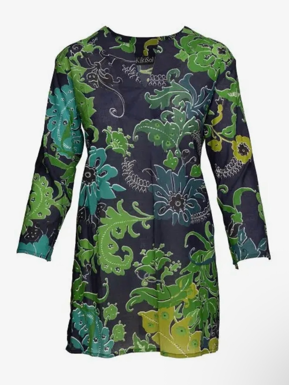 KikiSol  XL Women’s Navy Tunic with Green & Teal Floral Print